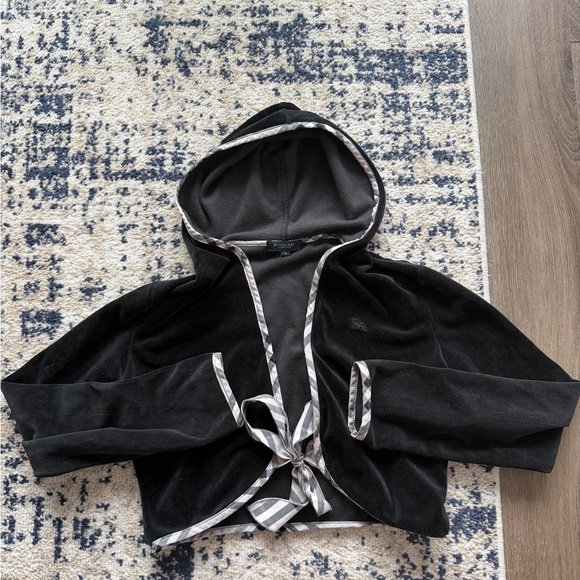 Burberry Jackets & Blazers - Burberry Black Velour Hooded Cropped Jacket with Striped Trim